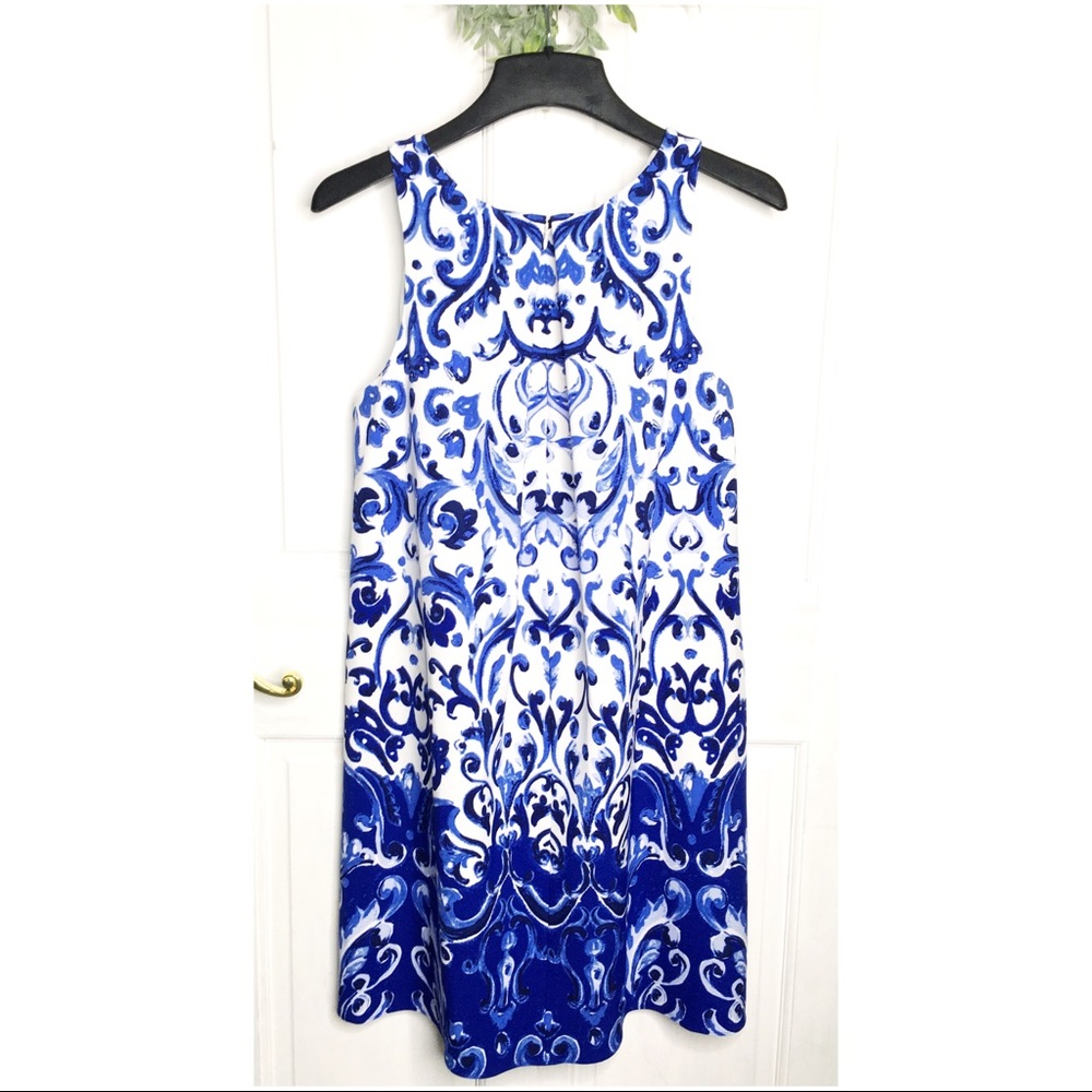 LRL Blue + White Damask Formal Cocktail Dress - Picture 5 of 8